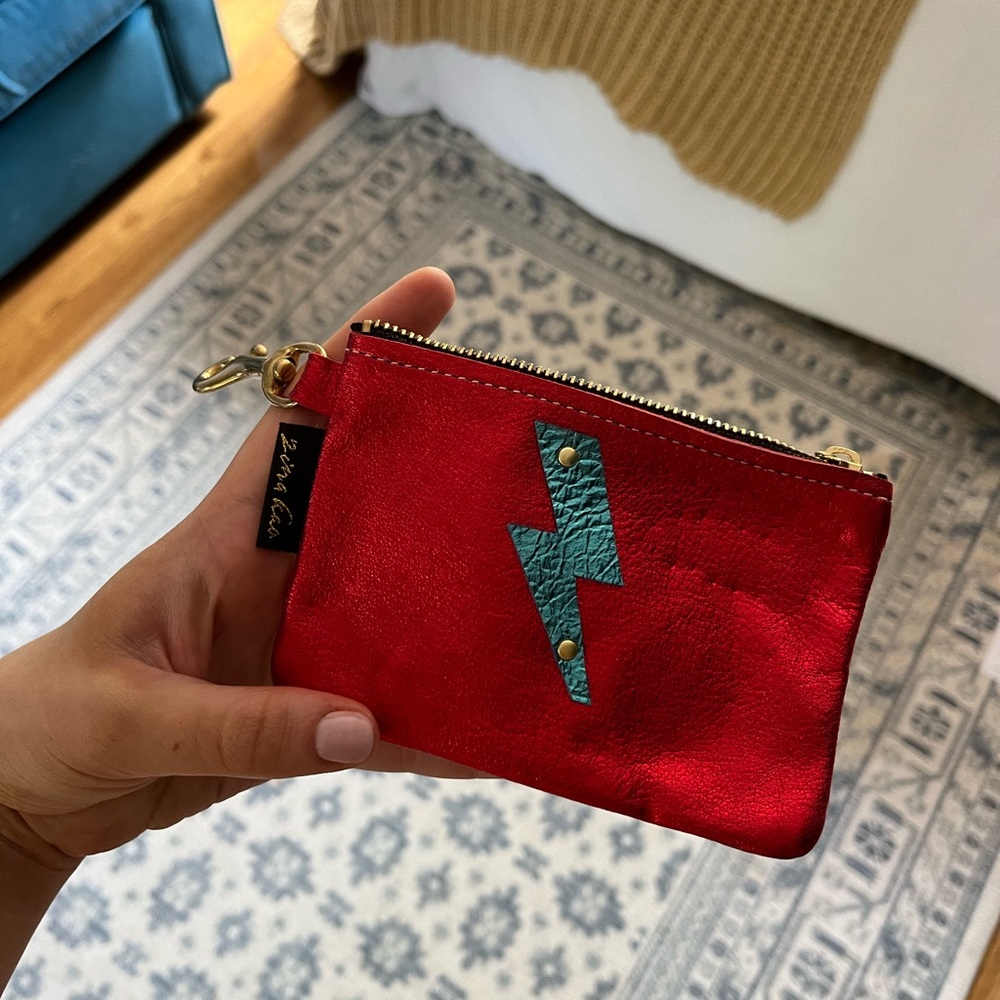 Zina Kao Red Genuine Leather Coin Purse with Blue Lightning Bolt